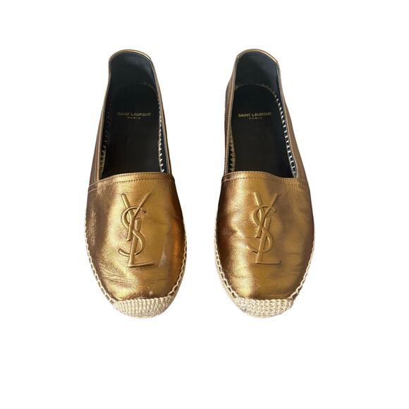 Saint Laurent Logo Embossed Espadrille Flats Gold Bronze Leather YSL Size 37.5 - Picture 1 of 11